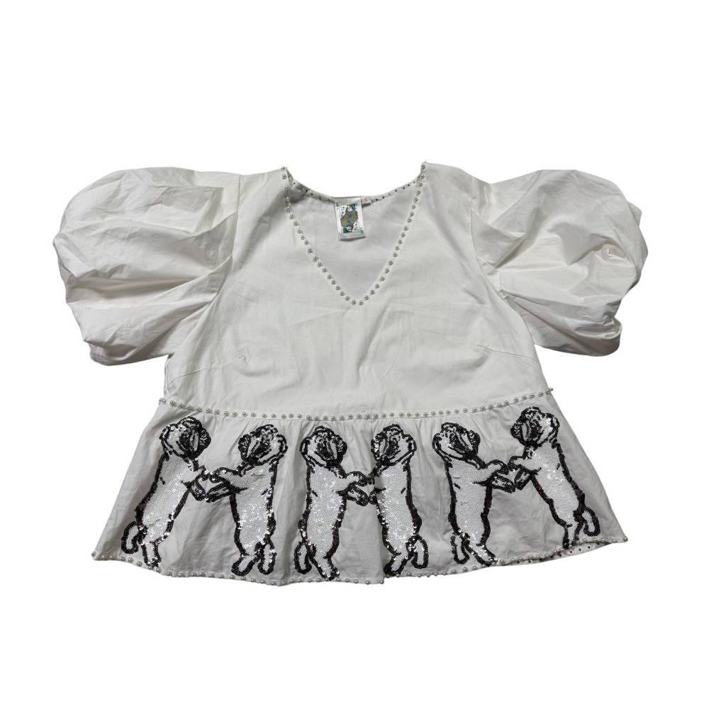 Queen of Sparkles Bulldog Sequin Peplum Top White Puff Sleeve Size Small